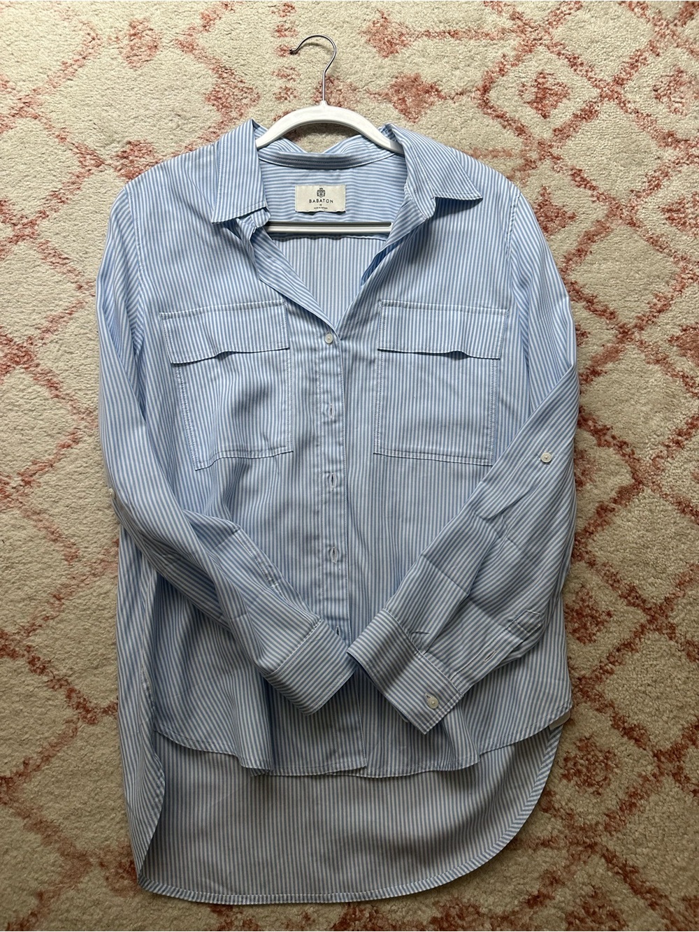 Aritzia Babaton White and Blue Striped Button Down Shirt